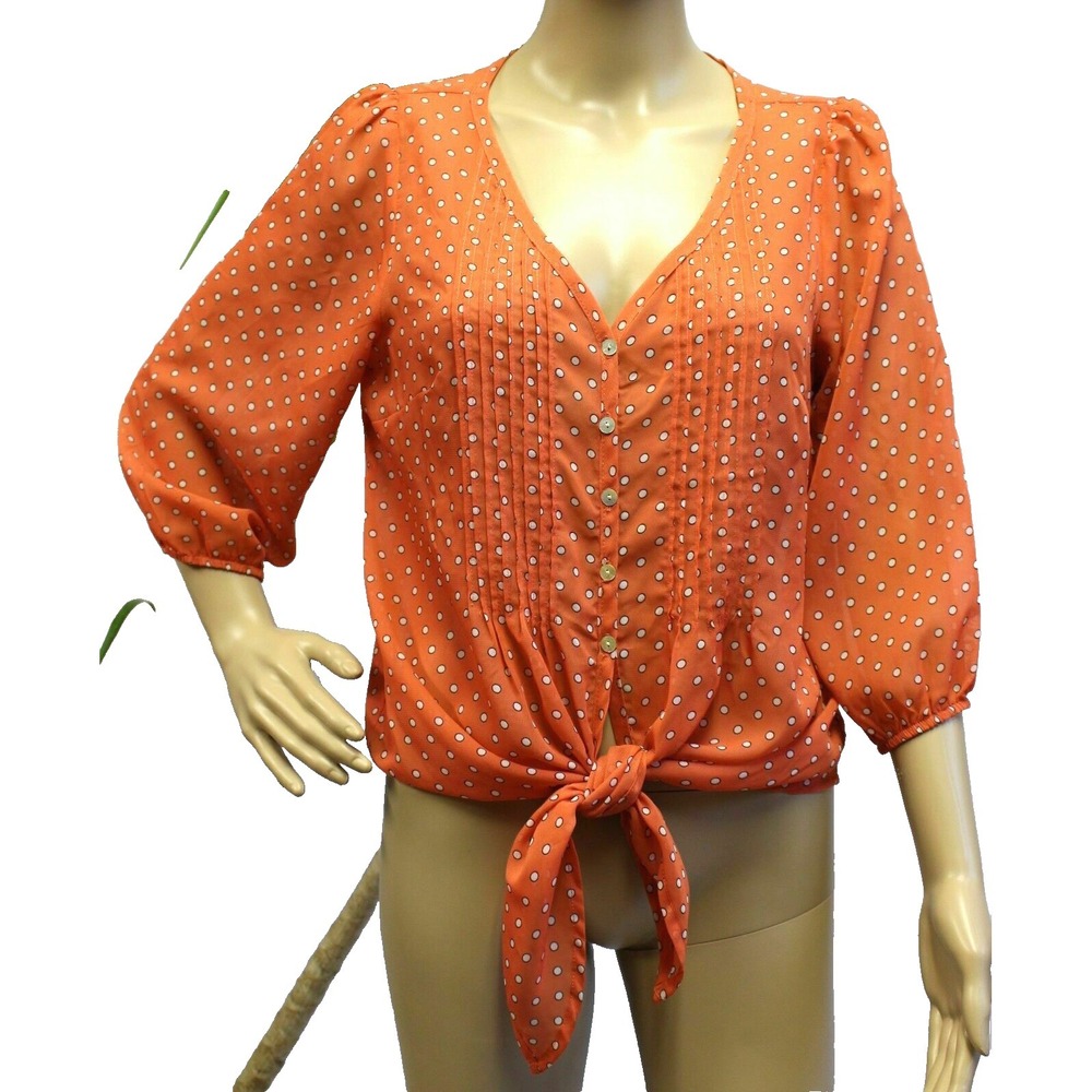 Timing Womens Blouse Size L Top Knot Front Cheer‎ Chiffon Orange Polka Dot